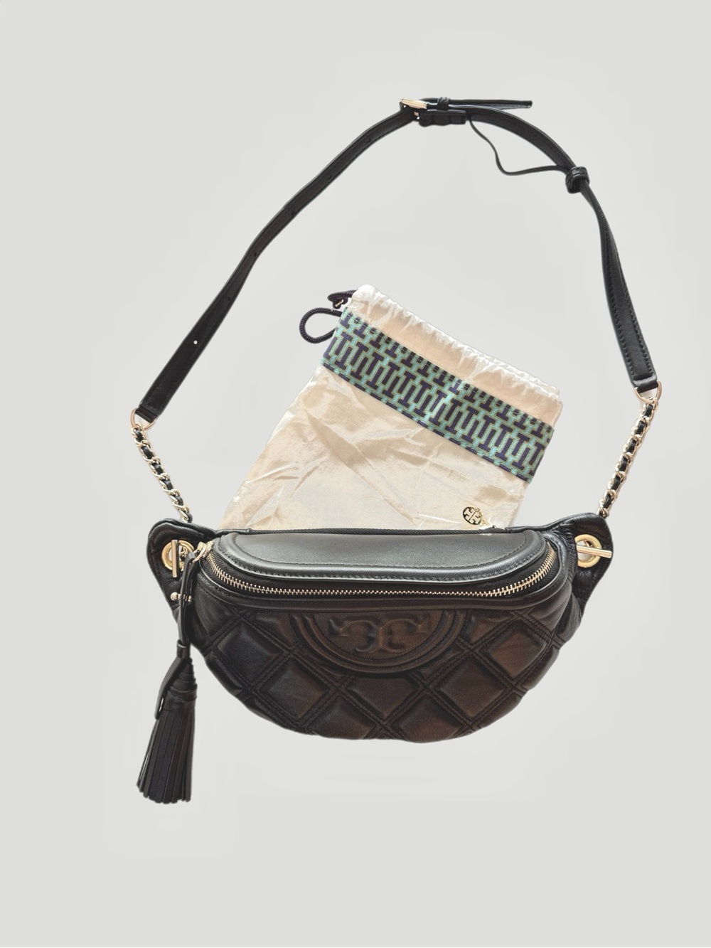 Tory Burch Black Quilted Leather Flemming Crossbody/Belt Bag with Tassel